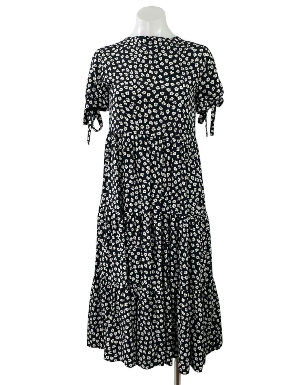 Madewell Black Floral Woodcut Flower Short Tie Sleeve Tiered ALine Midi Dress XS